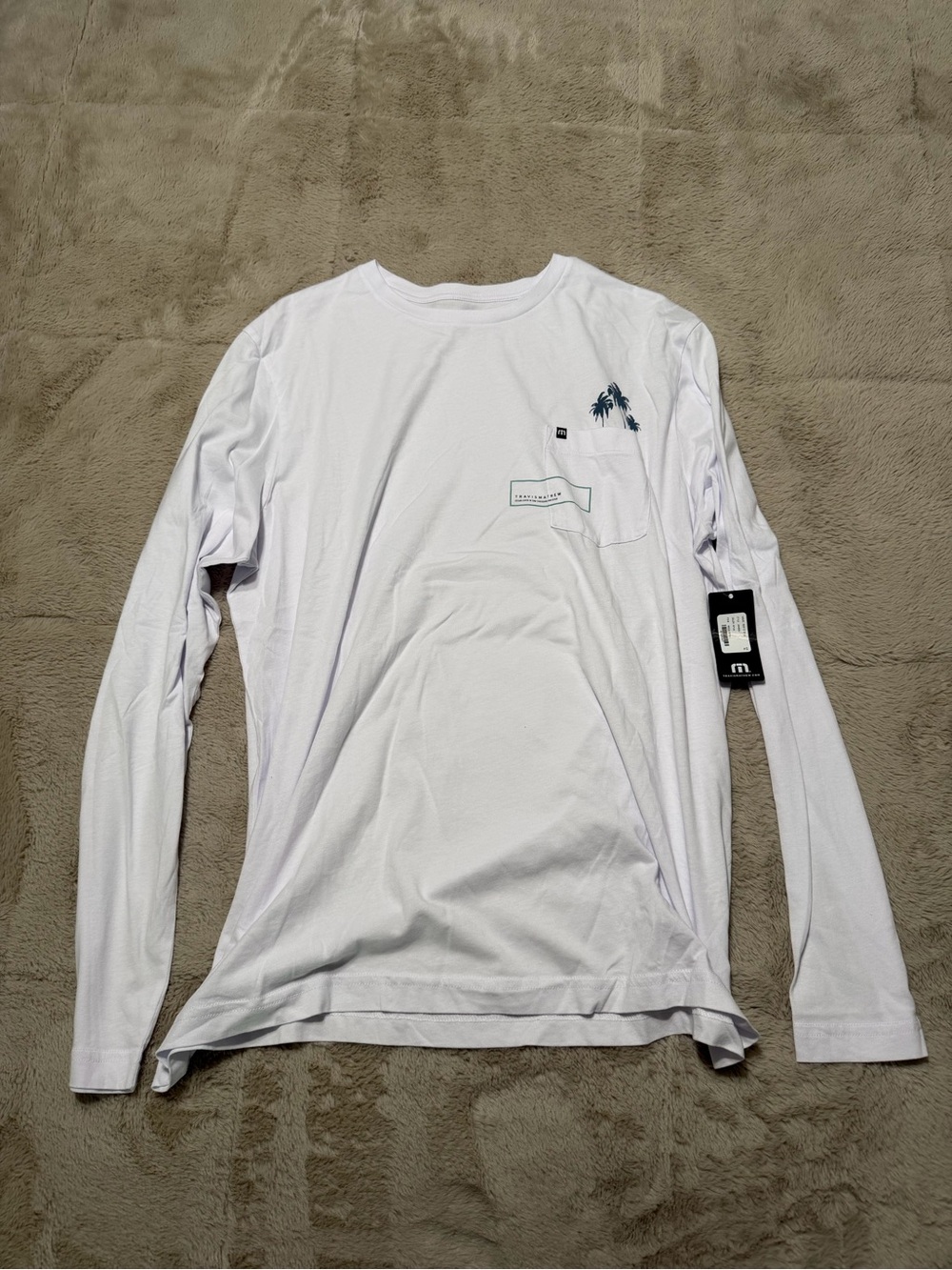 Travis Mathew White Long Sleeve Tee with Small Palm Graphic